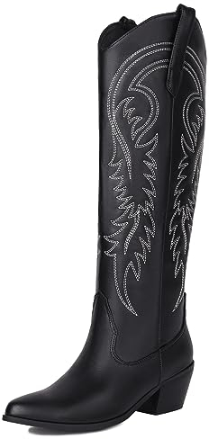 Roimaash Moda Stivali Cowboy Knee High Sewing Pattern Wide Calf Donna Block Heels Stivali Cowgirl Stivali Western Slip On Rhinestone Black Plus Size 39
