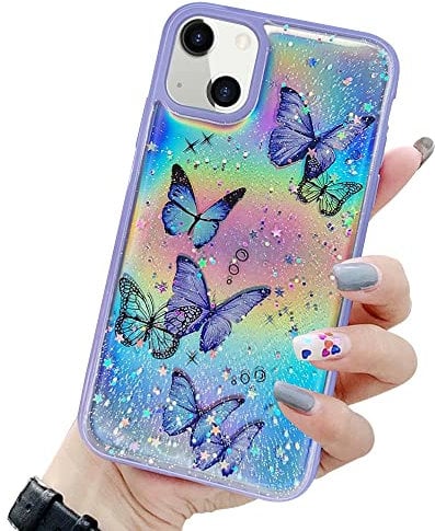 LCHULLE for iPhone 15 Plus Case Cute Girls Women Laser Butterfly Pattern Cover Bling Glitter Stars Silicone Protective Phone Case for iPhone 15 Plus 6.7-Inch