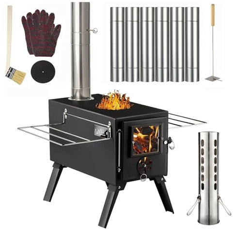 AVOFOREST - Estufa de leña pequeña con 7 tubos de chimenea de acero inoxidable para calefacción y cocina al aire libre, pesca en hielo, caza, CHL001