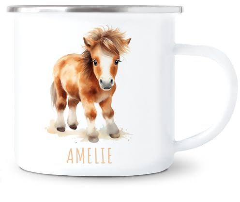 Pferd Emaille Tasse Kinder Trinkbecher personalisierte Kindertasse mit Namen süßer Kinderbecher für Mädchen & Jungen Geschenk Emaille Becher 300 ml