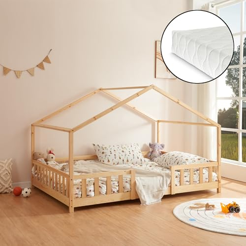 [en.casa] Kinderbett Treviolo mit Matratze 140 x 200 cm Hausbett Holzbett für Kinder mit Rausfallschutz Montessori Bettgestell mit Lattenrost Spielbett Kiefernholz Holz Natur