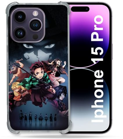 Cokitec Verstärkte Schutzhülle für iPhone 15 Pro (6,1 Zoll), Manga, Demon Slayer, Schwarz