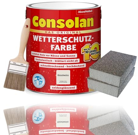 Consolan Wetterschutzfarbe Set 2,5 l Holzfarbe Dauerschutz Deckend mit Zubehör (Kieselweiß)