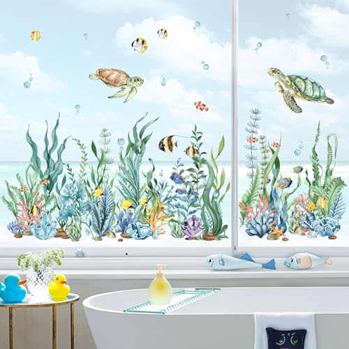 decalmile Pegatinas de Ventana Bajo el Mar Algas Vinilos para Ventanas Océano Hierba Tortugas Peces Anticolisión Vinilo No Adhesivo de Pegatinas Vidrio Ventana