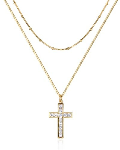 Jenosy Damen Gold Kreuz Kette mit Cubic Zirconia - Hypoallergene 18K Vergoldete Kette mit Kreuz - Zarte Halskette - Modeschmuck für Frauen und Mädchen