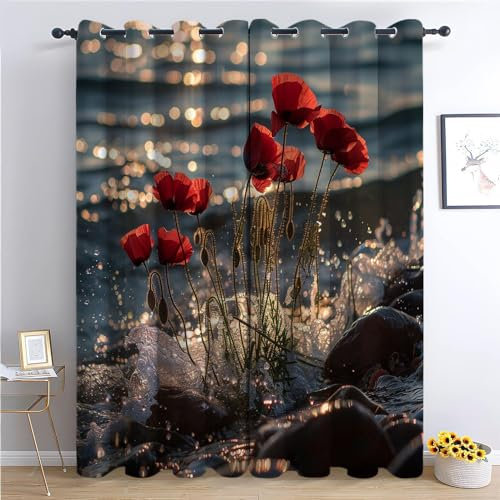 XCQHZYQ Lot De 2 Rideau Occultant Coquelicot Rouge en Fleurs L117 x H138 cm Isolant Thermique 3D Impression Décoration Salon Rideau Isolant Phonique pour Chambre Enfant Balcon Salle à Manger