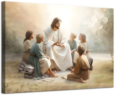 SUAXTCCR Kunstdruck auf Leinwand, Motiv Jesus mit Kindern, Wasserfarbdruck, religiöser Glaube, Wanddekoration, Bilder für Kinderzimmer, Schlafzimmer, Kirche, Dekoration, 40,6 x 61 cm