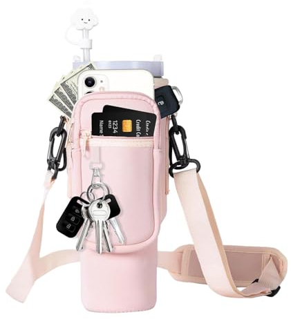 Water Bottle Carrier Bag, Water Bottle Holder with Clouds Straw Cover for 40oz Stanley Cup, Water Bottle Pouch with Adjustable Shoulder Strap & Phone Pocket for Travel Walking Hiking Gym(Pink)