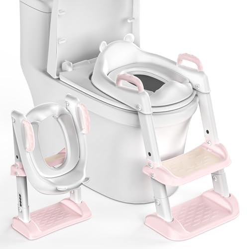 Potty Training Toilet Seat,Adjustable Toddler Toilet Seat with Steps,Anti Splash Handle&Soft Cushion,Child Toilet Training Seat for Kids Boys Girls