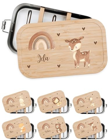 Bärenfreunde Brotdose Edelstahl Kinder personalisiert, Vesperdose Holz | Süße Kindergarten Lunchbox mit Bambusdeckel oder Namen für Kleinkinder, mit Fächern graviert als Geschenk, Dino, Traktor