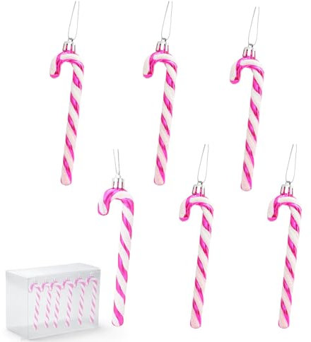 yayafunfun 6pcs Glitter Candy Cane Christmas Decoration for Xmas Tree Pendant Plastic Candy Cane for Christmas Ornaments (Hot Pink)