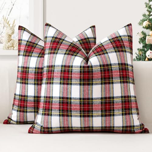 JOTOM 2er Set Weihnachten Schottisches Karo Kissenbezüge, Dekorative Plaid Tartan Wurf Kissenbezug Sofakissen Dekokissen Zierkissenbezug für Wohnzimmer Schlafzimmer Deko (45x45cm, Weiß)