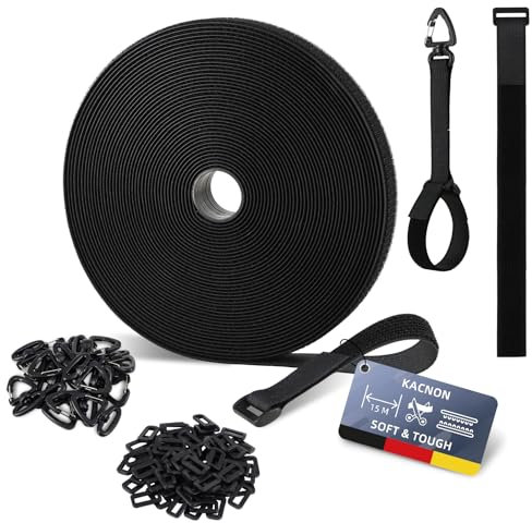 KACNON 15m x 2cm Klettband, Wiederverwendbar Klett Kabelbinder mit 75 Metallschnalle und 15 Dreiecksschnalle, Frei Zuschneidbar/Wiederverschließba, für Kabelmanagement,Gartenarbeit,Werkstätten,Schwarz
