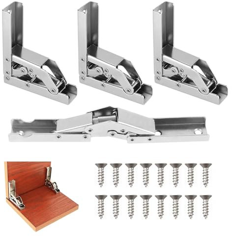 4 Pcs 90 Degree Folding Shelf Hinges, Cupboard Hinges with 16 Fixing Screws, Hidden Door Shelf Holder Hinge, Stainless Steel and 90 Degree/180 Degree, for Kitchen Cabinet, Door