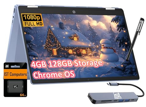HP Chromebook X360 14b 2-in-1 Laptop (touchscreen FHD da 14, Intel N100, 4 GB di RAM, 128 GB di memoria (64 GB eMMC + scheda SD da 64 GB), per casa e studenti, batteria a lunga durata, Wi-Fi 6