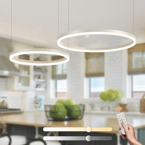 YYUTLUO Moderner DIY-Kreis-LED-Kronleuchter | 2 Weiß Ringe:60+80cm=65W | LED-Pendelleuchte aus Metall+Acryl | 2,4 G Dimmbare Fernbedienung | Runde Decken-Hängelampe Wohnzimmer Schlafzimmer