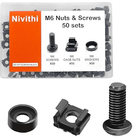 Nivithi 50x M6*20 Schrauben+Käfigmuttern Set für Netzwerkschrank–für Netzwerkschrank 19 Zoll/10 Zoll–Montagesatz für Servergehäuse und Patchpanel–Schwarz,aus schwarzem Zink–Stabil und langlebig