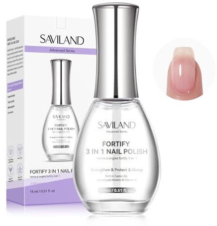 SAVILAND Nail Polish Strengthener: 3 in 1 Base Coat Polish & Nail Strengthener Treatment for Damaged Weak Nails, 15ml Clear Nail Hardener Extra Strong and Growth Nail Care with Castor Oil Vitamin E