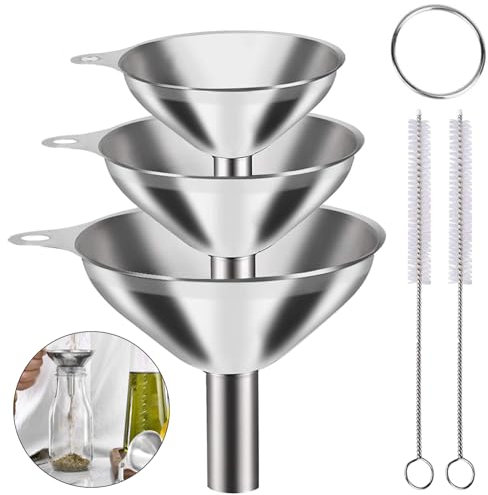 YUNYU 3-Piece Stainless Steel Funnel Set with Cleaning Brushes & Clip-Ring - Small Kitchen Funnel for Transferring Jam, Cooking Oils, Liquids, Powders | Dishwasher-Safe Funnels for Bottles and Contain