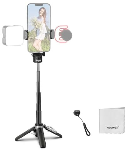 NEEWER Selfie Stick Trépied pour iPhone, Mini Trépied de Voyage Pliable et Léger à 360° avec Support pour Téléphone Portable, Griffe Froide pour Vidéo, Streaming Vlog, Déclencheur à Distance, P15 Noir