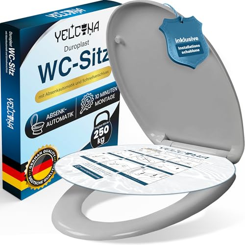Toilettendeckel Mit Absenkautomatik | WC Sitz Mit Absenkautomatik | Klodeckel Mit Absenkautomatik | Antibakteriell, UV-Beständig, Quick-Release, Installationsschablone (Grau)