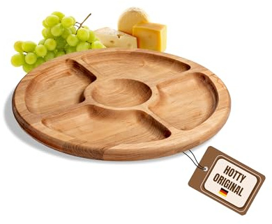 Hotty – Snackteller Snackbrett Rustico aus rustikalem Holz Ø 35cm – Rundes Serviertablett-Holzbrett für Snacks, Tapas, Antipasti & Beilagen – Geteilter Holzteller ideal für BBQ-Partys & Aperitivo