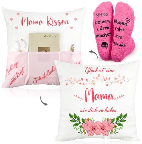 Namalu Geschenkset Kissenbezug und 1 Paar Socken, Rosa, Blumen-Mama | Dekorative Kissenbezüge mit Blumenmotiv, Socken in Rosa, Geschenkset für Mama, Ideal für Muttertag
