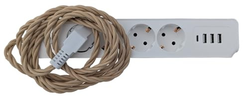 Retro 4-fach Verlängerungskabel 2m mit geflochtenem Stoffmantel–16A Vintage Steckdosenleiste, gedrehtes Textilkabel, nostalgisches Design, TUV/GS/CE geprüft – in 5 eleganten Farben (Victorian Vanilla)