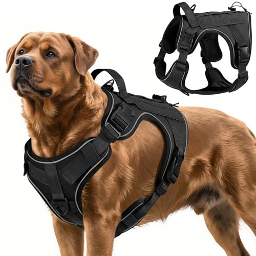 VavoPaw Taktisch Hundegeschirr, Einfach Kontrolle & Anti Zug Hundegeschirr mit Molle Panel und Reflektierend Streifen, Taktisch Weste für Hunde Training, Wandern, Jagd, Outdoor, Schwarz, XL