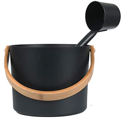 XIHUADOU Juego de cubo y cucharón para sauna, 1.85 galones (7 l), cubo grande de aluminio para sauna con cuchara larga de mango de madera, accesorios de ducha de spa, juego de accesorios de sauna para
