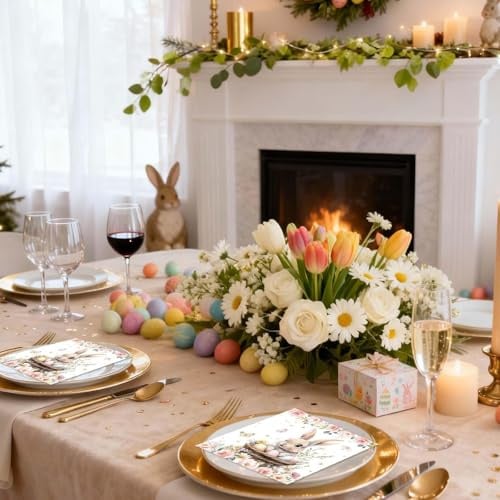RAOPNHS 40 Stück Servietten Ostern Hase 33x33cm, Osterservietten Papier Bunt, Oster Deko Tischdeko Frühling, Vintage Blumen Motiv, Servietten Für Party Frühstück Und Basteln - Einwegservietten Bunt