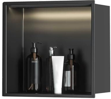 ZGHQHCDRH Niche de Douche en Acier Inoxydable, Étagère de Douche Salle de Bain, Noir Mat avec Lumière LED, Encastré Mural, Pas de Carreaux Nécessaires, Organisateur de Rangement(32x32cm)