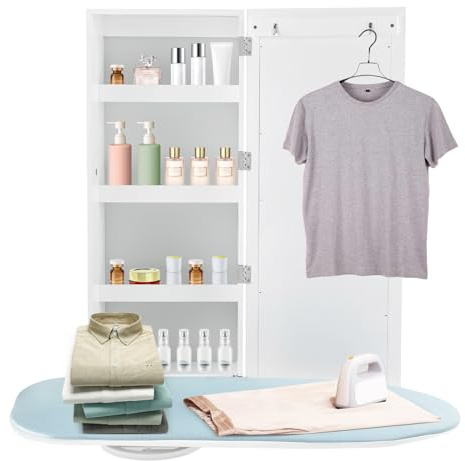 Armoire à Repasser Murale Blanche avec Miroir, Table à Repasser Pivotante Et Pliable Intégrée à 180°, Support De Rangement Multifonctionnel pour Buanderie (Type A) White Type A