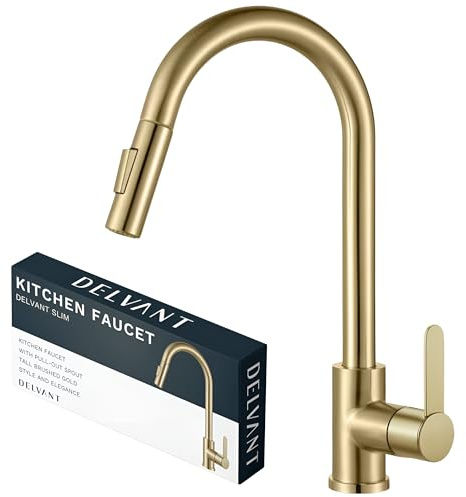 DELVANT SLIM Küchenarmatur mit herausziehbarer Auslaufbrause, Wasserhahn Küche, 360° drehbare Edelstahl Spültischarmatur, Gold