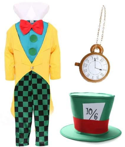 Alice's Wonderland Mad Hatter-Kostüm für Kinder – Mad Hatter-Kostüm beinhaltet Jacke, Hemdvorderteil, Hose und Hut sowie eine Taschenuhr – Welttag des Buches