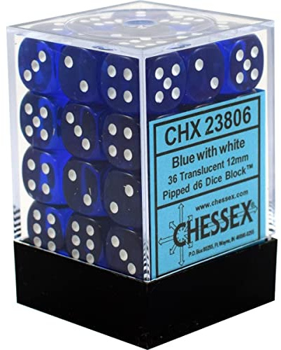 Chessex Translucent 12mm d6 with pips Dice Blocks (36 Dice) - Blue w/White