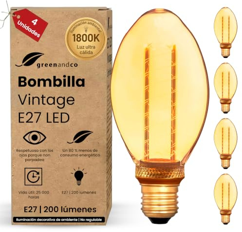 greenandco 4X Decorative LED Vintage Light Bulb | E27 B75 | Amber | 4W 200lm | 1800K Extra Warm White | 320° | 230V | Flicker Free | Not Dimmable