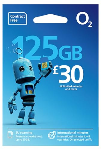 O2 SIM Card UK & Europe Prepaid PAYG with 125GB data, unlimited minutes & text bundle for 30 days - worth £30