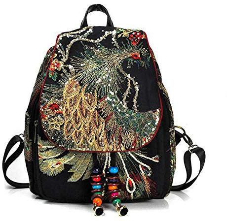Uhat Damen Rucksack Ethnic Style Pailletten Pfau Stickerei Schultertaschen Reise Canvas Tagesrucksack, Schwarz