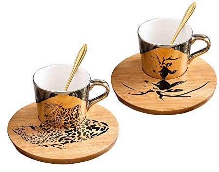 ABHOME Spiegel Tasse und Untertasse Set Keramische Espressotassen mit Untertassen 8 Unzen, Teetasse/Kaffeetasse mit Löffel und Holztablett/Untertasse, 2er-Set, Golden (Gold - Elch Gepard)