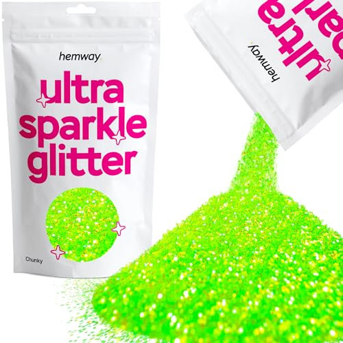 Hemway Ultra Sparkle Glitter - Fluorescent Green | 100g Chunky Metallic Flakes for Resin & Epoxy Crafts | Supplies for Halloween Craft and Decorations, Autumn Decor, Masks, Nails, Face, Art