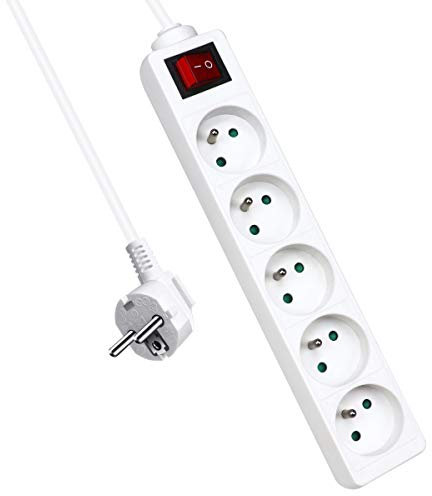 Extrastar Multiprise 5 Prises avec Interrupteur, 2P + T, Bloc 5 Prises avec sécurité Enfant, Extension d'alimentation de 1.5 Mètre, 16A 230 V, Blanc