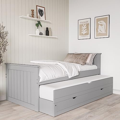 Sander Single Grey Wooden Guest Bed with Storage and Trundle