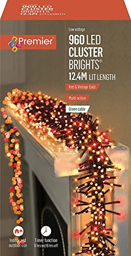 Premier 960 Vintage Gold and Red Multi Action LED Cluster Lights for Christmas Tree, Garland with Timer 6 watts - ‎26.5 x 14.8 x 11.1 cm; 1.09 Kilograms