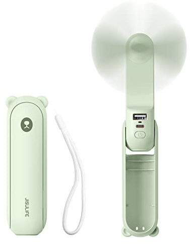 JISULIFE Handheld Mini Fan, 3 IN 1 USB Rechargeable Portable Fan [12-19 Working Hours] with Power Bank, Flashlight, Pocket Design for Travel/Summer/Concerts/Lash, Gifts for Women (Green)