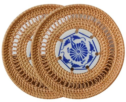 Uposao Dessous De Verre en Rotin, Dessous De Verre en Porcelaine Dessous De Plat Tissé en Paille Ronde Antidérapante Plaque en Osier Résistant à La Chaleur pour Décoration De Thé Ou De Café, 2Pcs