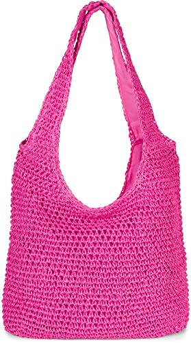 styleBREAKER Damen Papierstroh Beuteltasche mit langen Henkeln | sommerliche Flechttasche mit Reißverschluss | Strandtasche Schultertasche, Farbe:Pink