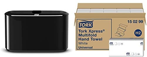 Tork Xpress Tischspender für Multifold Papierhandtücher 552208 - schwarz & Xpress Multifold Papierhandtücher 150299 - H2 Universal Falthandtücher für Handtuchspender - weiß - 20 x 237 Tücher