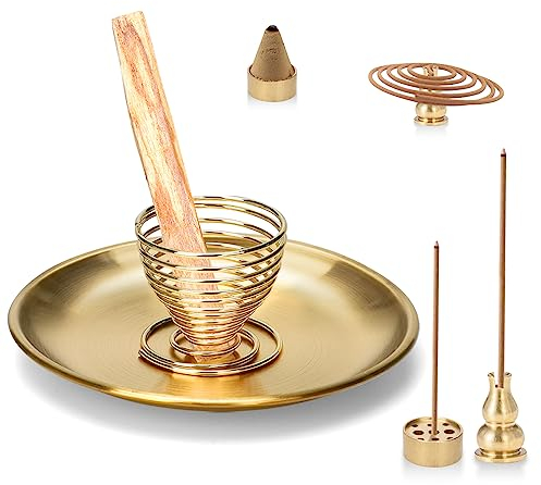 Kigniote Porte Encens 5 en 1,Porte Palo Santo Porte Sauge 14cm Bruleur Encens en Laiton Porte Encens Baton Support Encens avec Récupérateur de Cendres pour Décoration De Salon, Yoga (Ronde)