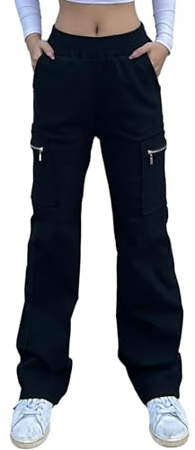 Nuofengkudu Stretch Cargohose Damen mit Zipp Off Taschen Gummizug High Waist Straight Weites Bein Damenhose Pull on Arbeitshose Combat Jugendlich Lockere Cargo Hosen Freizeithose Schwarz M